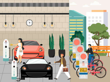 People charging cars, electric vehicle charging station, vector illustration. Ev charger, bicycle parking. Eco transportのイラスト素材