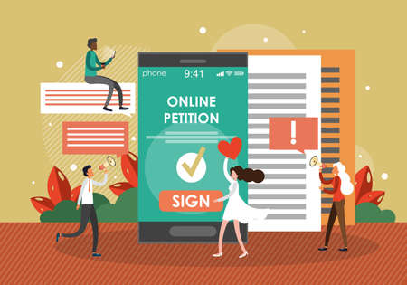 People signing internet petition, digital document using mobile phones, flat vector illustration. Online petition.のイラスト素材