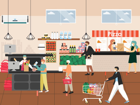 Coronavirus pandemic. Grocery store. People in face masks shopping for food, keeping distance, vector illustration.のイラスト素材