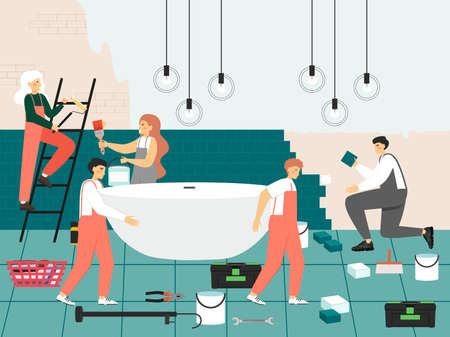 Home repair and improvement. Repairman, workman team painting wall, laying tile in bathroom, flat vector illustration.のイラスト素材