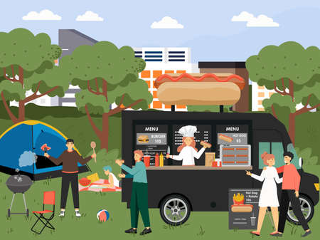 Happy people taking rest in city park, vector illustration. Outdoor picnic, bbq party, summer camp, weekend, leisure.のイラスト素材