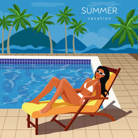 Swimming pool. Tropical resort. Girl sunbathing on chaise longue, vector illustration. Summer beach vacation poster.のイラスト素材