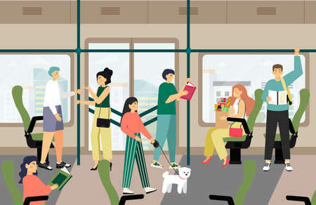Passengers traveling by city metro train, vector illustration. People commuting to and from work by public transport.のイラスト素材