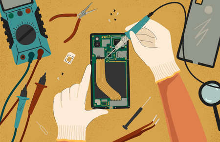 Mobile phone repair concept vector illustration. Man fix broken mobile phone. Maintenance and smartphone service. Man using soldering iron to repair phoneのイラスト素材