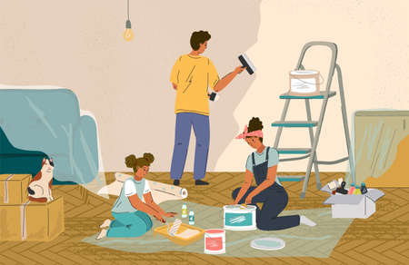 Family repair home and paint walls together. Vector illustration. People wallpapering and painting wall in apartment. House renovation, room decorating, repair apartmentのイラスト素材