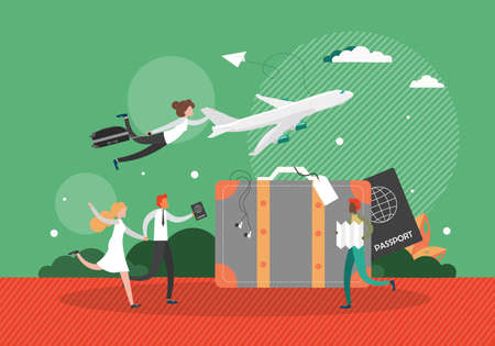 Suitcase, passport, late for flight people catching airplane, vector illustration. Worldwide tour, travel by plane.のイラスト素材