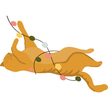 Funny cat playing christmas lights vector iconのイラスト素材