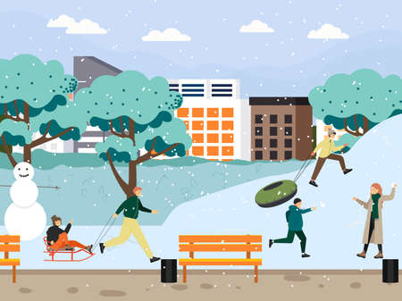 Happy people sledding, playing snowballs in city park, vector illustration. Winter fun, outdoor activities.のイラスト素材