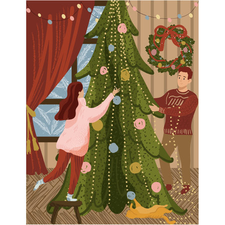 Christmas tree decorate at home vector cardのイラスト素材