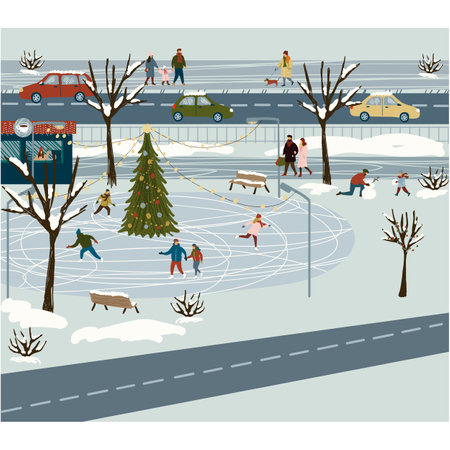 People on winter ice rink in snowy park vectorのイラスト素材
