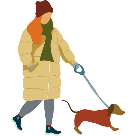 Woman and dog on winter walk vector iconのイラスト素材