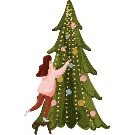 Woman decorate Christmas tree at home vector iconのイラスト素材