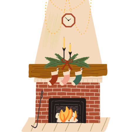 Xmas fireplace decorated flat vector icon isolatedのイラスト素材