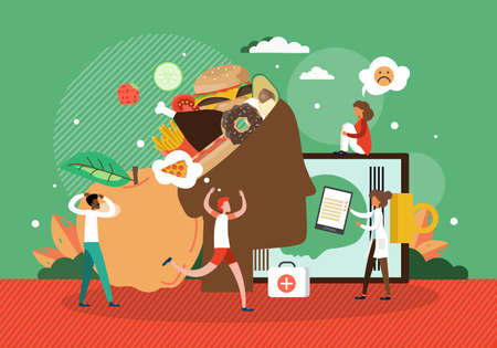 Human head full of junk food, vector illustration. Binge eating disorder, food addiction, overeating treatment.のイラスト素材
