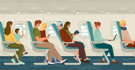 Airplane cabin interior with people aboard. Hand drawn vector illustration concept. Passengers sitting on chairs in plane during a flight. People travel by plane in economy classのイラスト素材