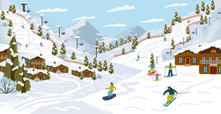 Ski resort with skiers, cable cars, ski lifts, vector illustration. Winter holidays and sport activity. Winter season mountain landscape with alps chalet. Mountain ski, snowboard, downhill trackのイラスト素材