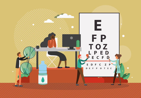 Doctor oculist, optometrist, ophthalmologist checking patient eyesight, vector illustration. Eye...