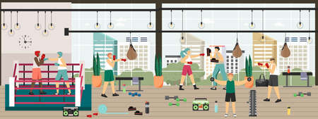Boxing combat sport scene set. Boxers training, fighting. Boxing match in fight ring, gym workout, vector illustration.のイラスト素材