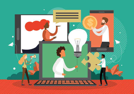 Business partners online meeting, vector illustration. Video call chat, video conference, distance communication.のイラスト素材