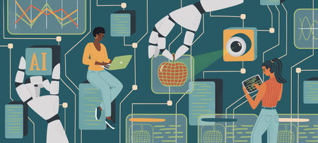 Women in AI concept vector illustration. Woman controls robotic arm with digital tablet. Diversity...