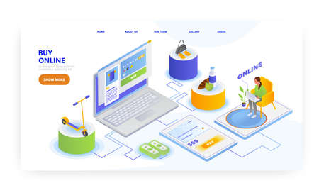 Online shopping, landing page design, website banner vector template. Woman buying groceries, clothing on the internet.のイラスト素材