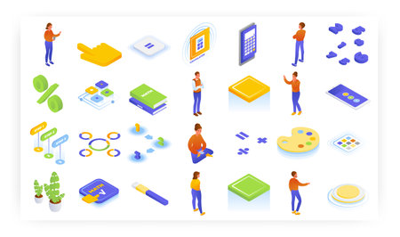 Math calculator app mobile ui design, vector isometric icon set. Online calculator, math equation and problems solver.のイラスト素材