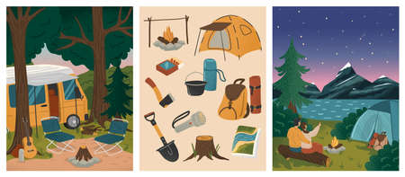 Couple sitting next to camp tent and watching starry night.  Summer camp vacation vector posters set. Mountain and forest landscape with tents. Camping equipment. Adventure, nature, campfireのイラスト素材