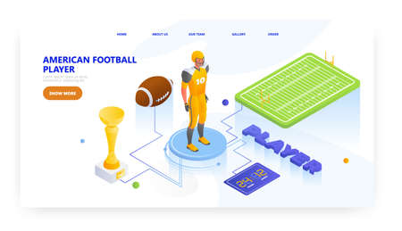 American football player, landing page design, website banner vector template. Athlete in sport uniform.のイラスト素材