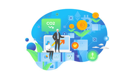 Using blockchain and crypto currency industry to build green business and sustainable economy. Environment concept vector illustration. Business people invest in bitcoin technologyのイラスト素材