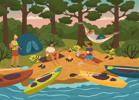 People camping on a river and sitting around fire. Camp site with bonfire, tent and canoe. Water adventure sport vector illustration. Man and woman taking rest after rafting, kayaking, canoeingのイラスト素材