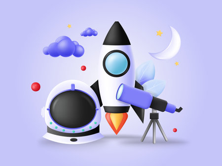 Space rocket ship, telescope and helmet vectorのイラスト素材