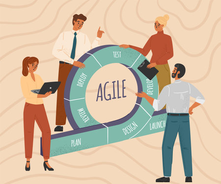 Scrum development process cycle diagram concept vector illustration. Agile and scrum sprints methodology. Business team work with agile process of software developmentのイラスト素材