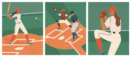 Womens baseball game vector posters set. Female baseball players on a field. Girl pitcher throwing the ball. Softball woman player in uniform.のイラスト素材