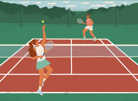 Two girls playing tennis on clay court vector illustration. Woman tennis players with rackets play in tournamentのイラスト素材