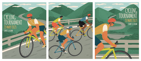 Cycling tournament posters set. Hand drawn vector illustrations of bike riders. Bicycle race on montain road. Triathlon athletes on bikesのイラスト素材