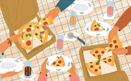 Friends eating pizza at restaurant vector sceneのイラスト素材