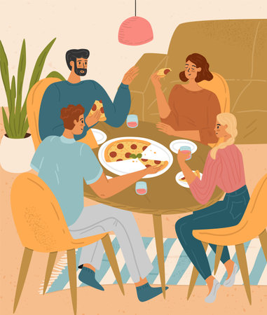 Happy friends eating pizza in pizzeria vectorのイラスト素材