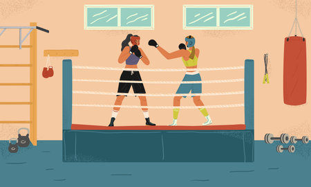 Female boxers fighting and training in a gym. Girls punch each other on a ring. Boxing gym interiorのイラスト素材