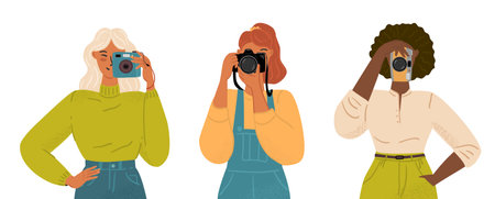 Vector set of professional female photographers. Hand drawn characters isolated on white background. Collection of creative women holding cameras and taking photos. People photographingのイラスト素材