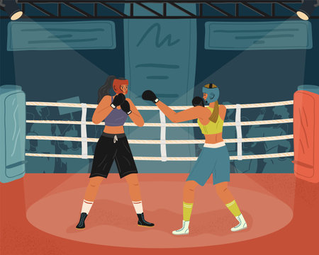 Female boxers fighting on arena vector illustration. Women boxing tournamentのイラスト素材