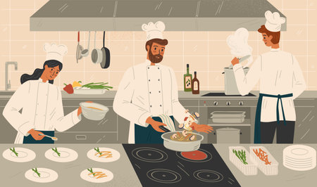 Restaurant kitchen with chef cook dish dinner, vector illustration. Restaurant inteior, cooking food. Professional chef catering serivceのイラスト素材