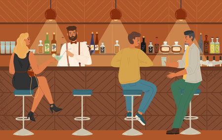People sitting at bar counter drink alcohol cocktail. Vector illustration. Bartender serving customers in a bar. Pub interior with stools, shelf and bottlesのイラスト素材