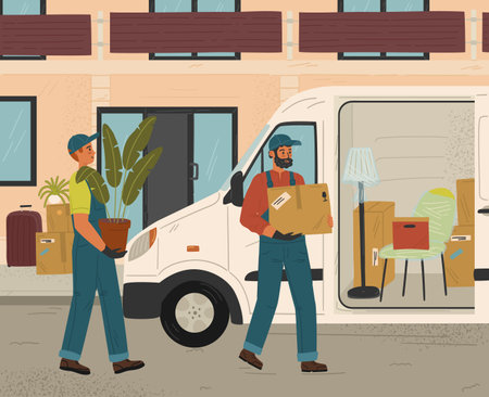 Two movers man holding and carrying cardboard box and loading truck. House move and relocation service concept vector illustration. Delivery van with home stuff and furnitureのイラスト素材
