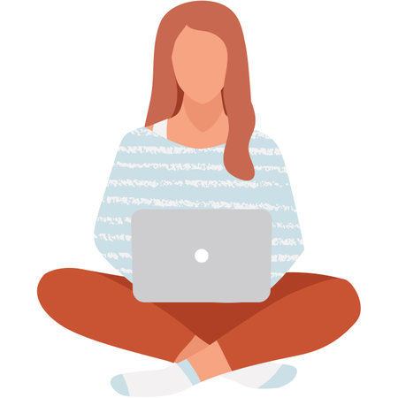 Woman with laptop sitting on floor vector iconのイラスト素材