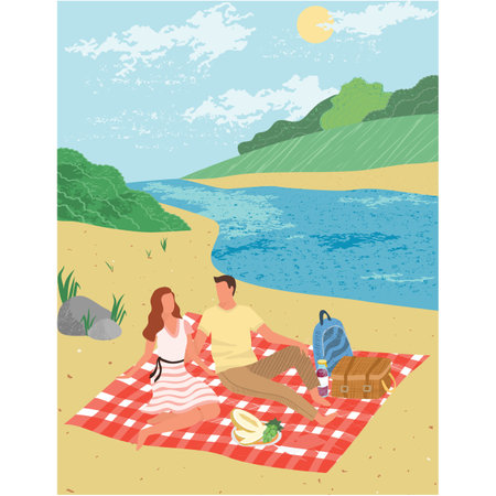 Couple summer picnic on river bank vector cartoonのイラスト素材