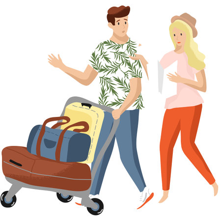 Travel couple vector people with luggage suitcaseのイラスト素材