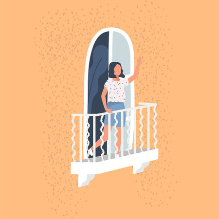 Woman waving hand stand on balcony vectorのイラスト素材