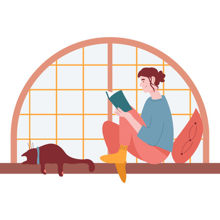 Vector woman reading on home window iconのイラスト素材
