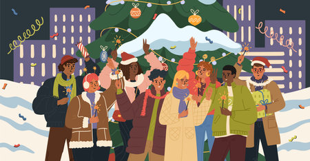 Happy friends group standing behind Christmas tree on streetのイラスト素材