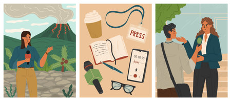 Journalist character at work vector scene set